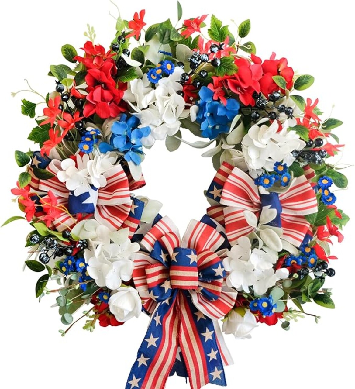 22 Inch Patriotic Spring Wreaths for Front Door 4th of July Wreaths with Red White Blue Hydrangea Flag Bowknot Wreath for Memorial Day Independence Day Home Decor